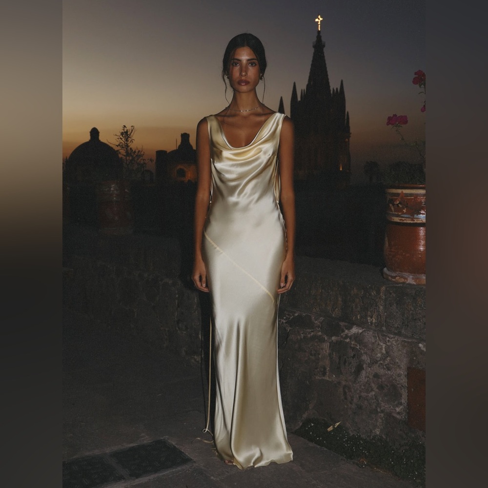 NWT Mirror Palais Plunging Back Cowl Silk Dress in Butter